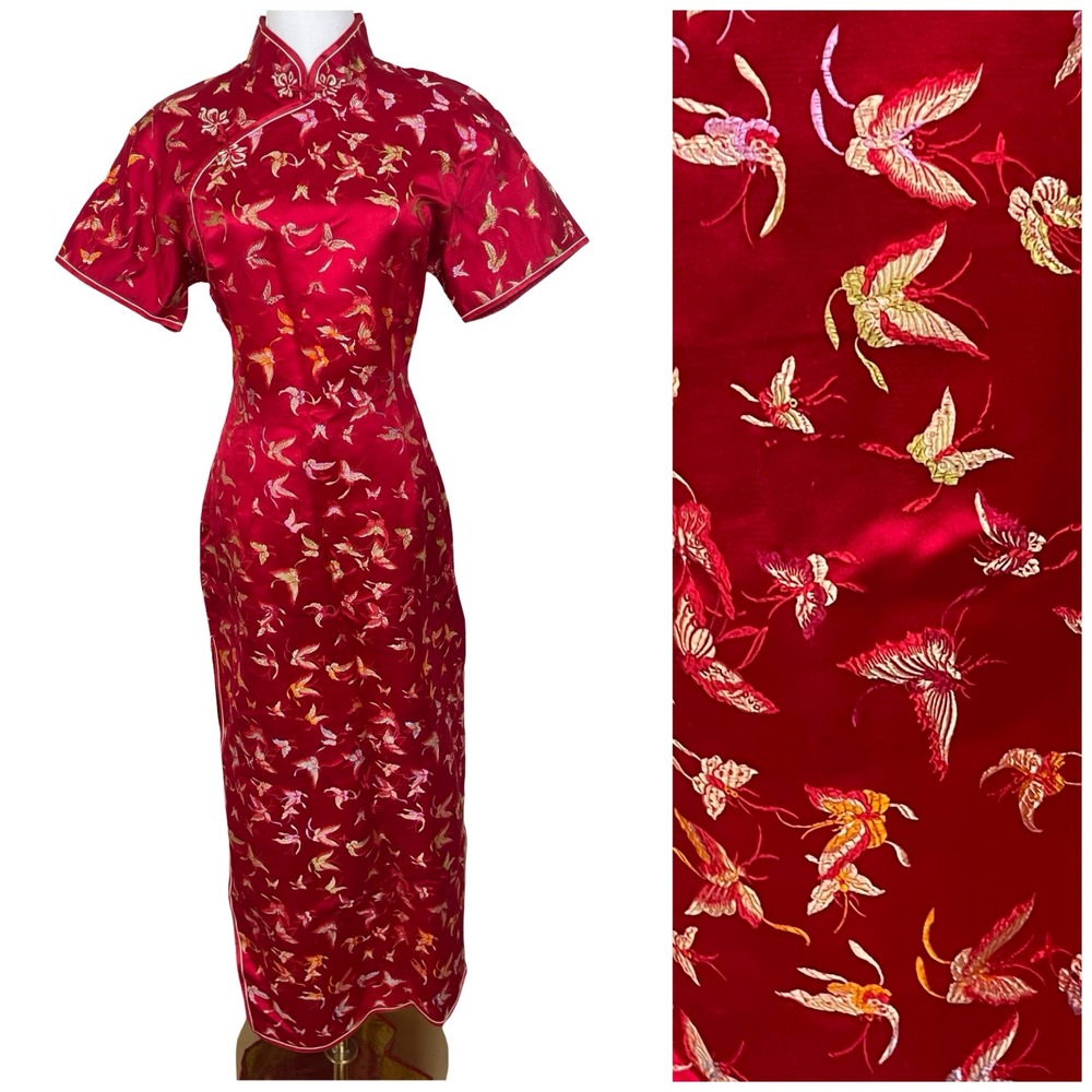 Vintage Cheongsam Qipao Dress Women 44 Red Butterfly Embroidered Silk Brocade